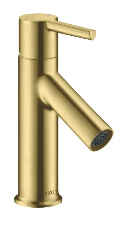 Einhebel-Waschtischmischer aus gebürstetem Messing mit Hebelgriff für Handwaschbecken. Marke AXOR, abgerundete Linien und eine schlichte Formgebung.
